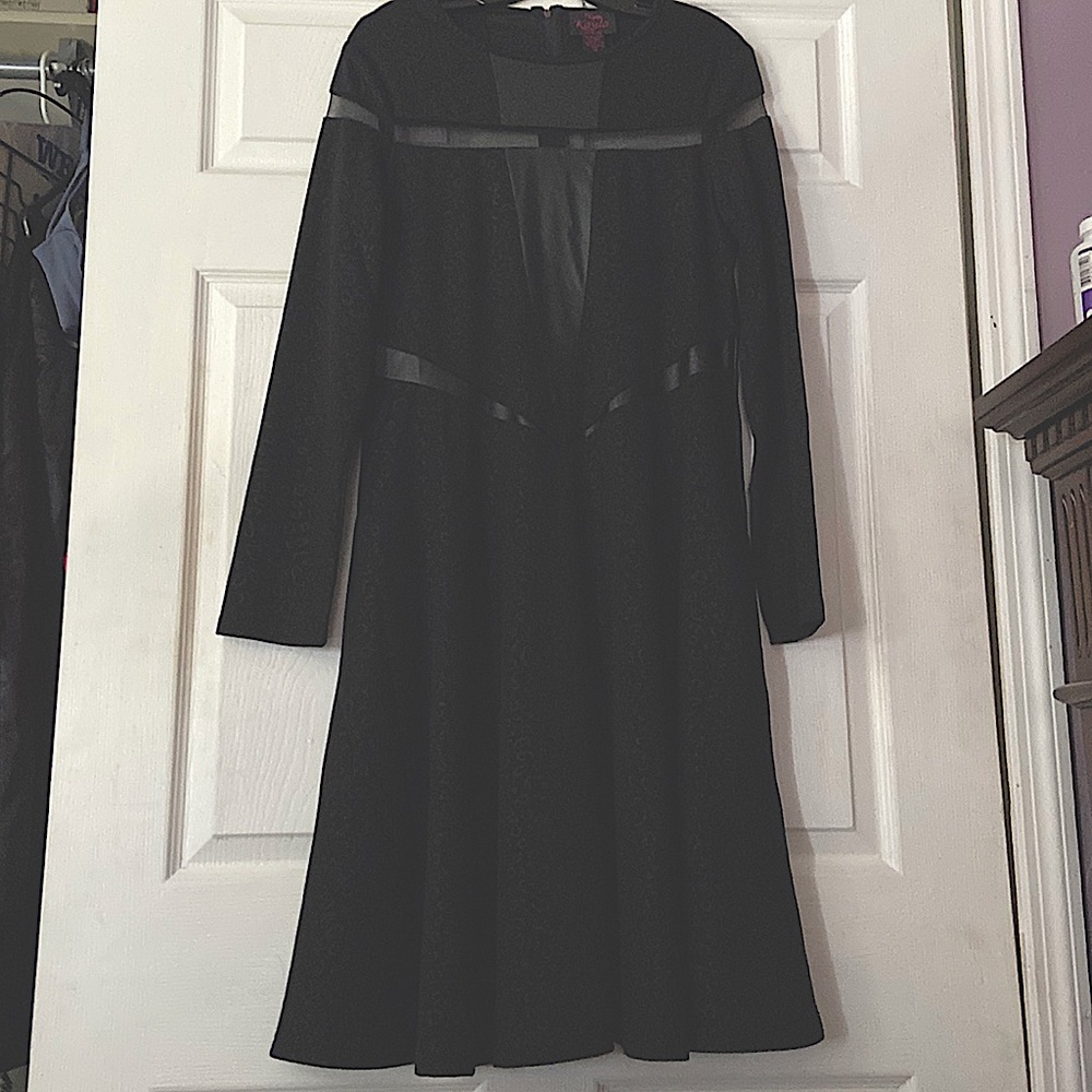 Long sleeves knee length flare black faux leather trimmed dress. Size 14